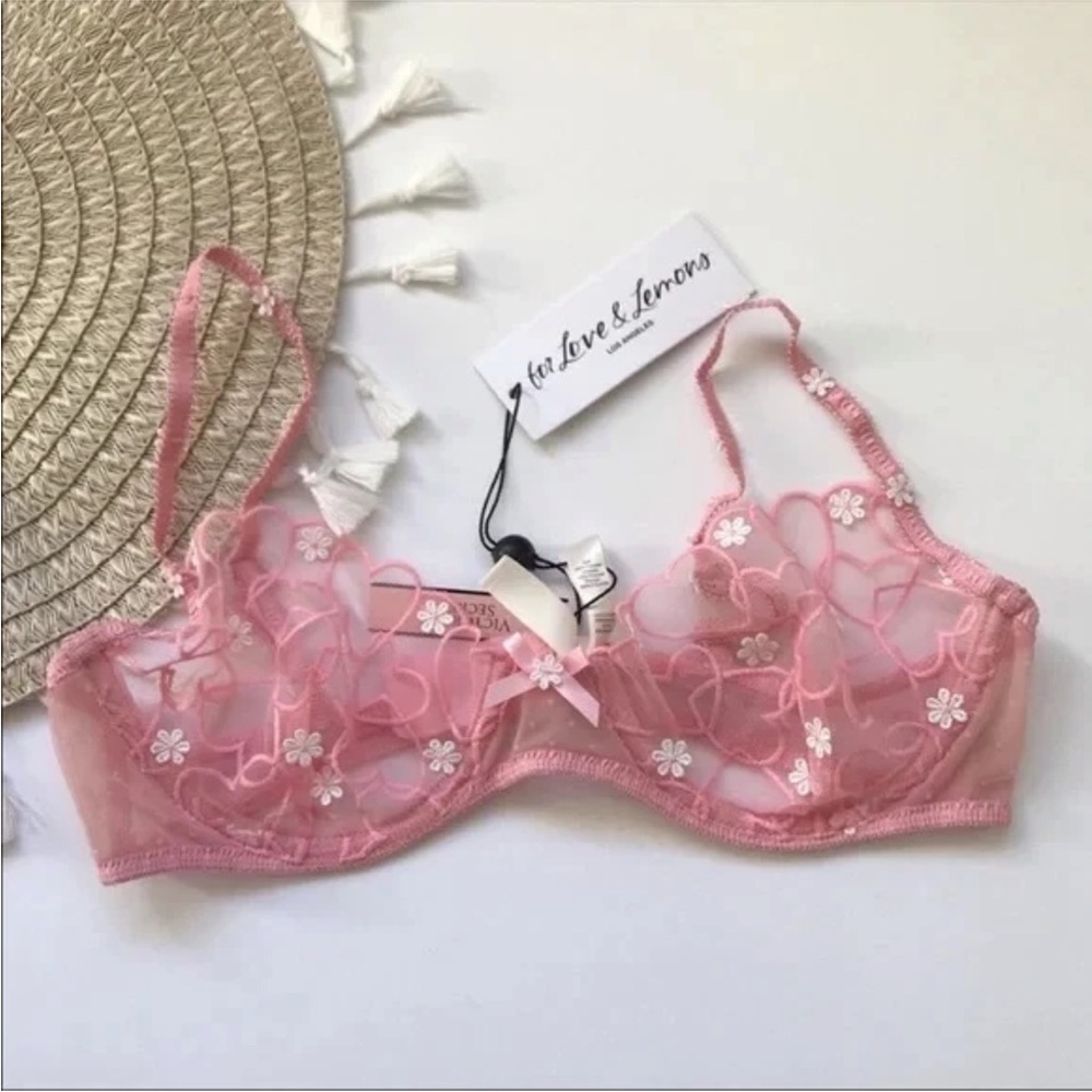 For Love and Lemons Love Letter Bra - Pink Embroidered Mesh - Medium